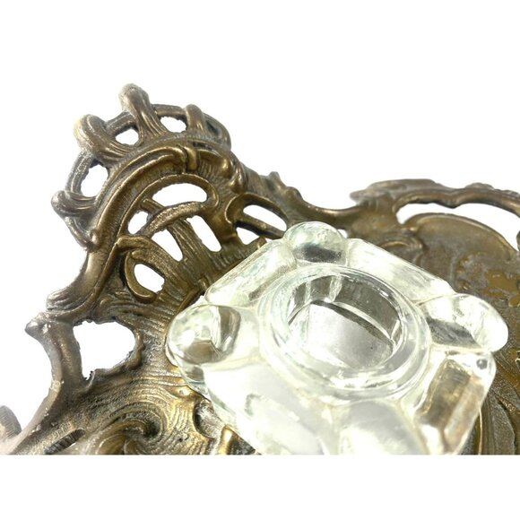Antique Victorian Brass & Glass Inkwell Holder Desk Accessory With Ornate Design - Picture 9 of 9
